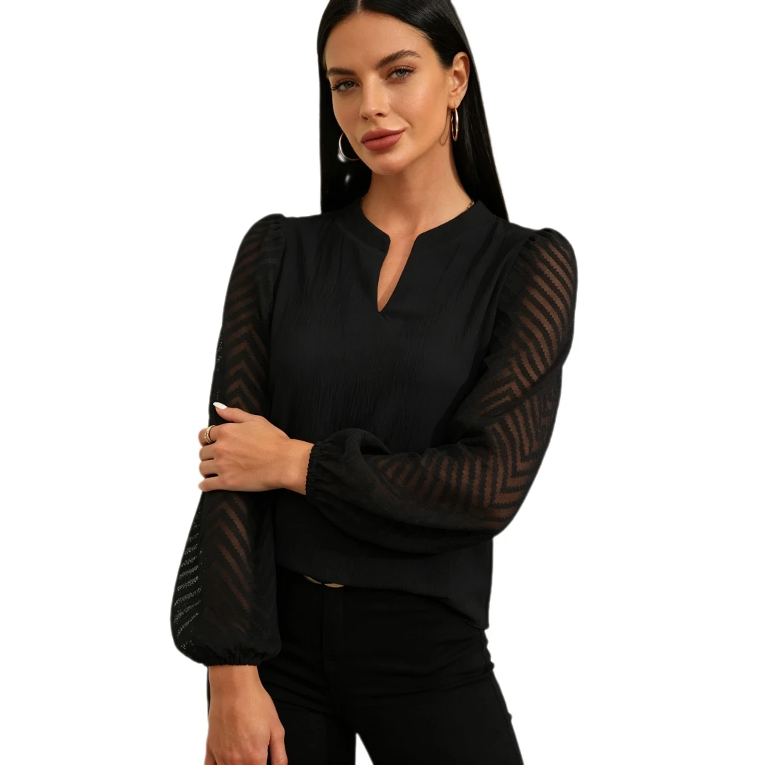 Coolmee Women Casual Tops Lace Long Sleeve Blouses Work Office Pleated V Neck Shirt Formal Outfits