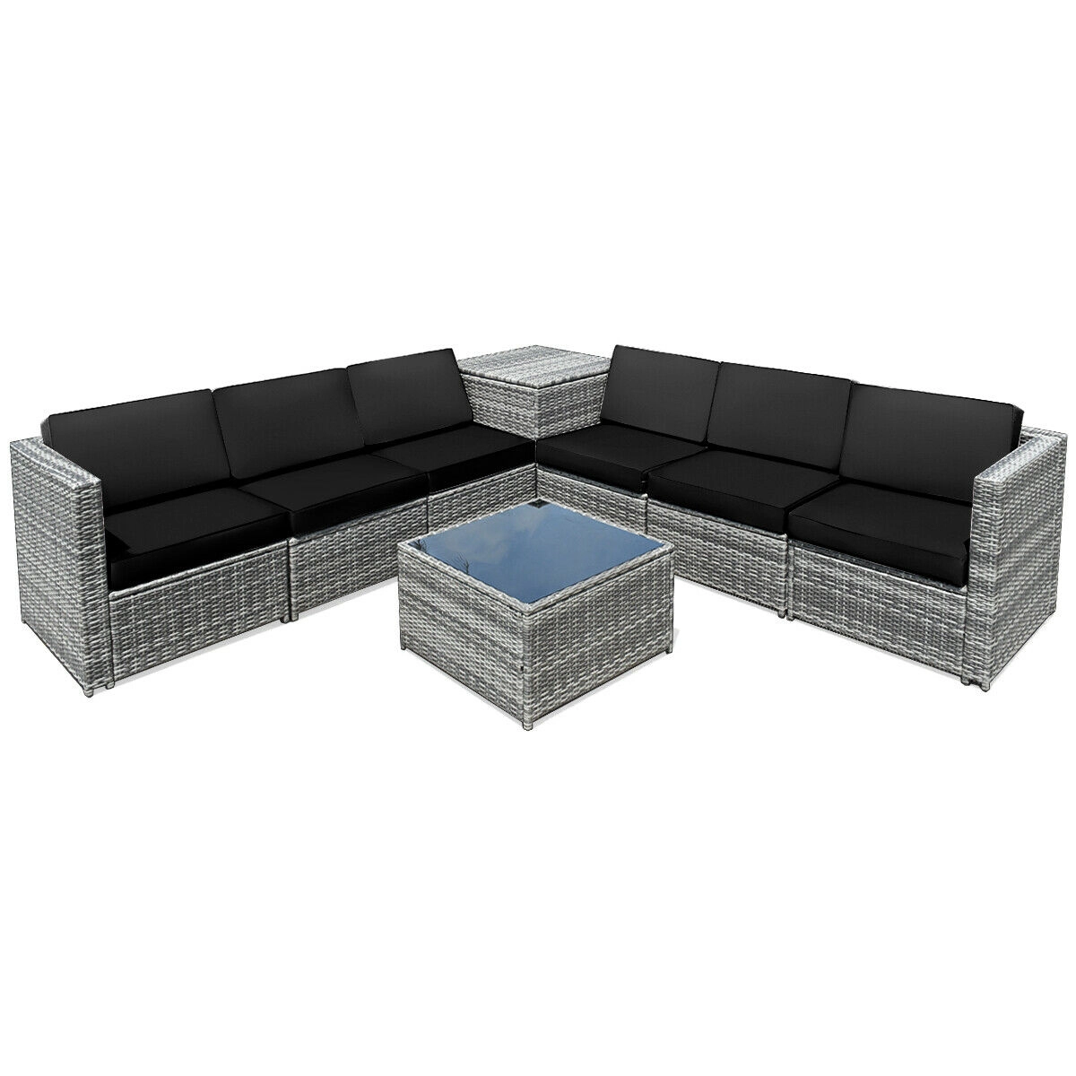 LJG 8 Piece Wicker Sofa Rattan Dining Set Patio Furniture with Storage Table