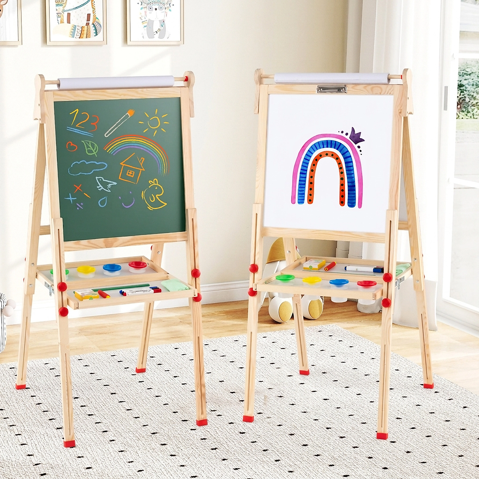 3-in-1 Folding Wooden Art Easel for Kids Ages 3 to 14 Magnetic Whiteboard Chalkboard 88-Piece Kit 16.4-ft Paper Roll