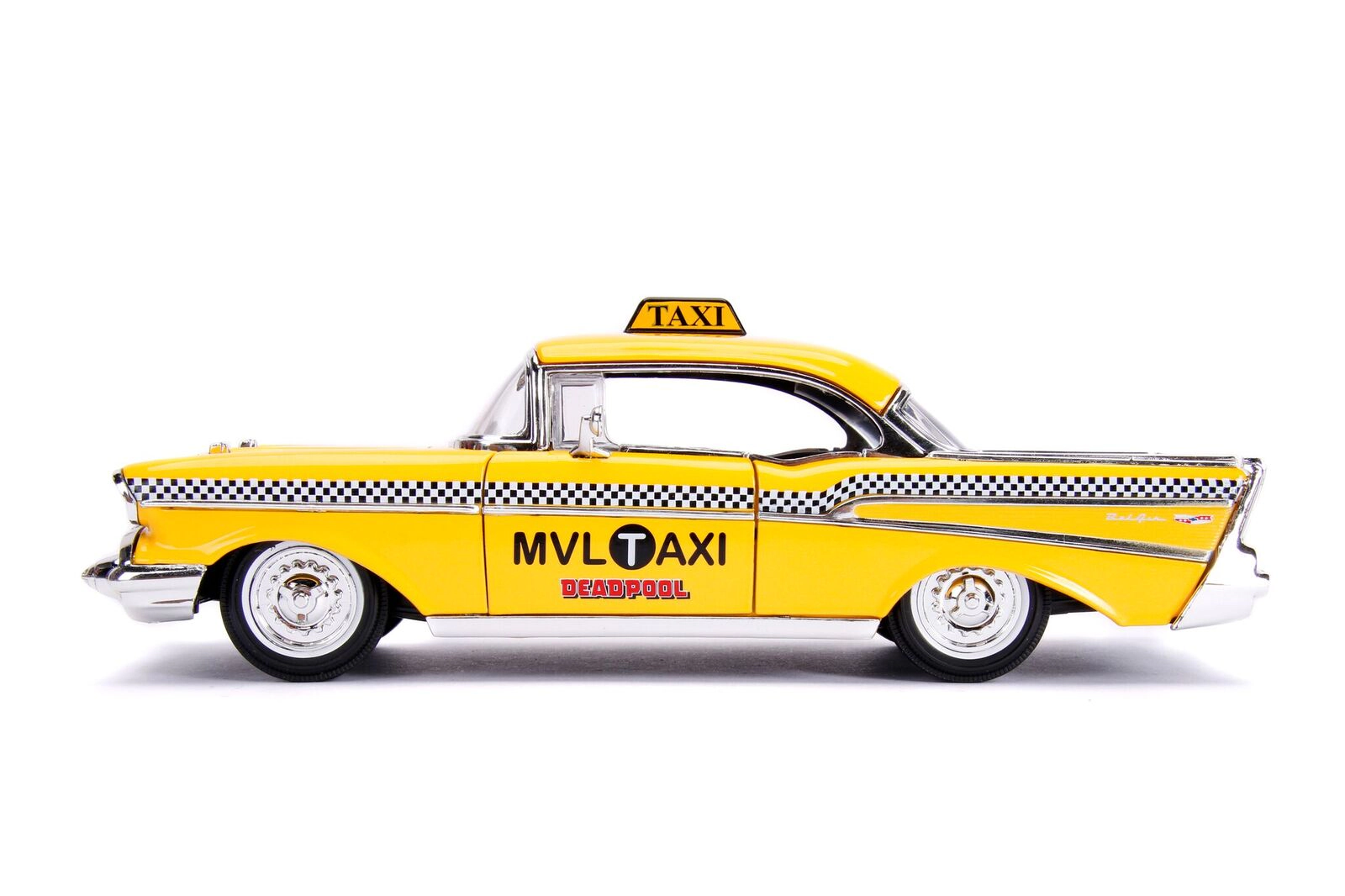 Jada 1957 Chevrolet Bel Air Taxi Yellow with Deadpool Diecast Figurine "Marvel" Series 1/24 Diecast Model Car by Jada