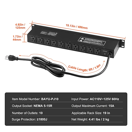 HONGGE 1U PDU, Rack Mount Power Strip Fits Standard 19 Server Racks, with Switch Surge Protection & Overload Protection