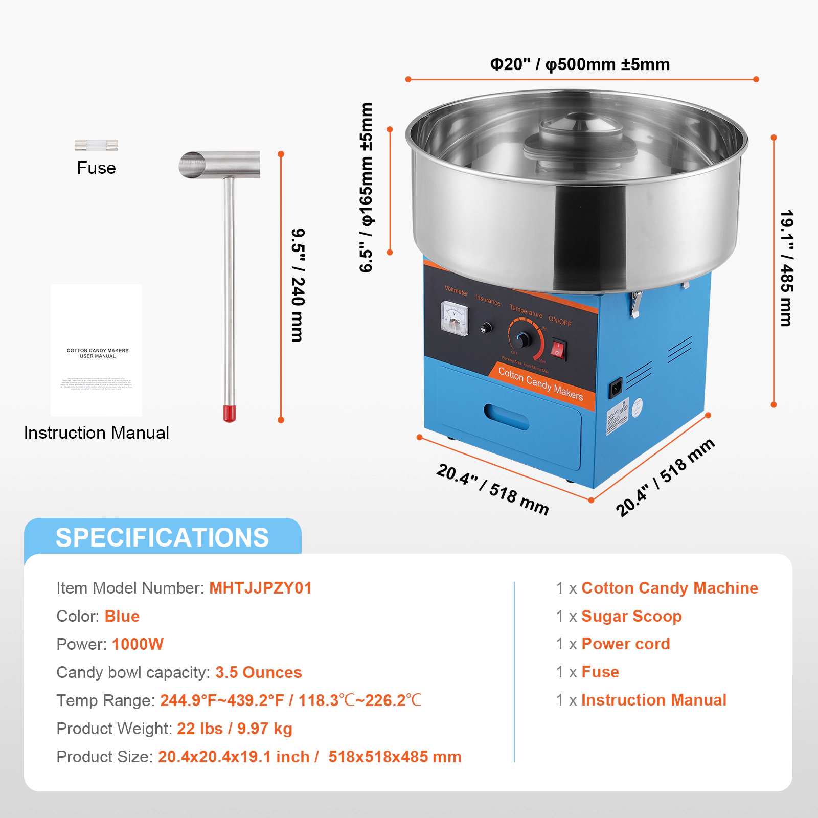 HONGGE Electric Cotton Candy Machine 1000W Floss Maker Commercial with Stainless Steel Bowl