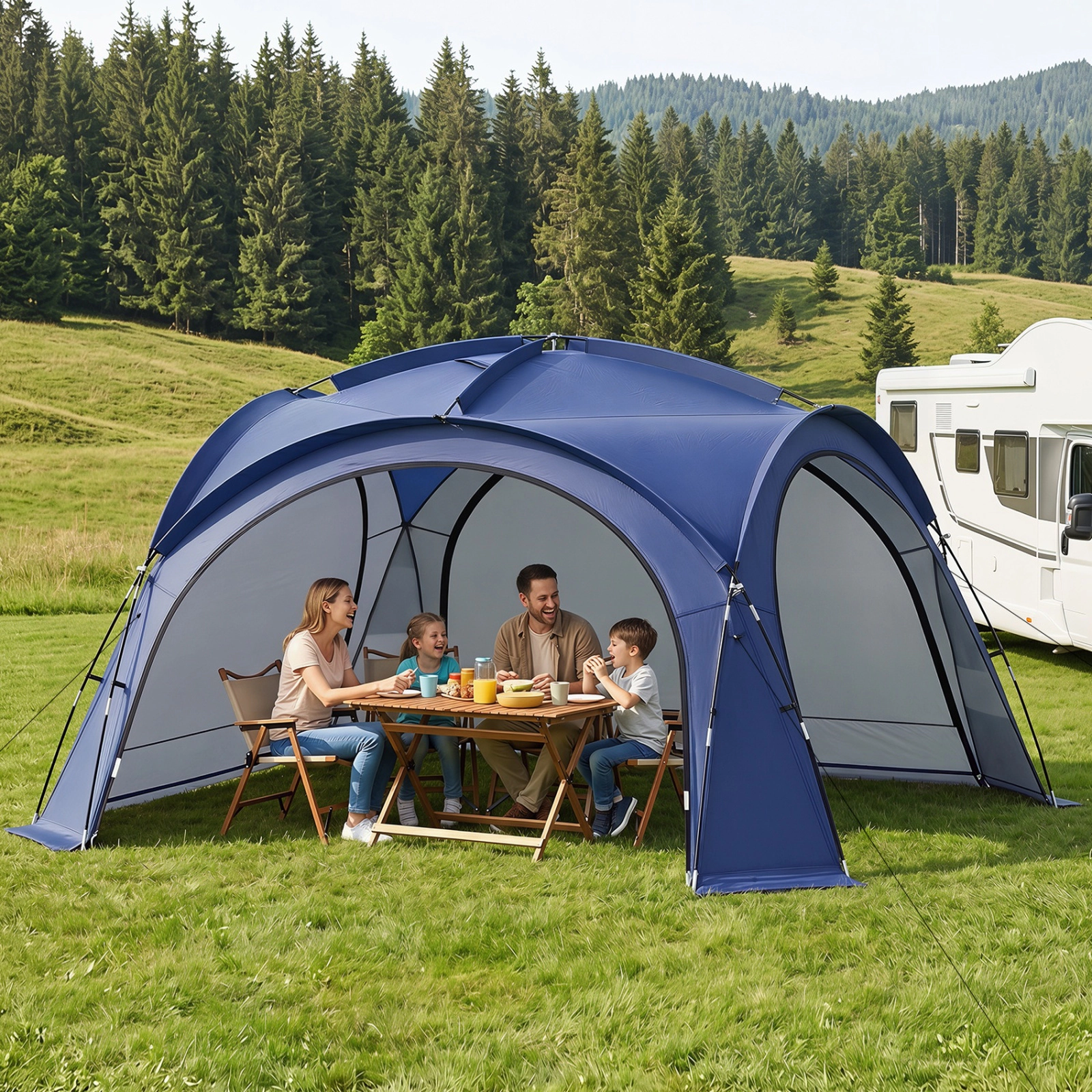 SUGIFT Extra Large Easy Setup Dome Canopy Beach Tent for 12-15 People with 4 Removable Zippered Sidewalls Blue/Beige