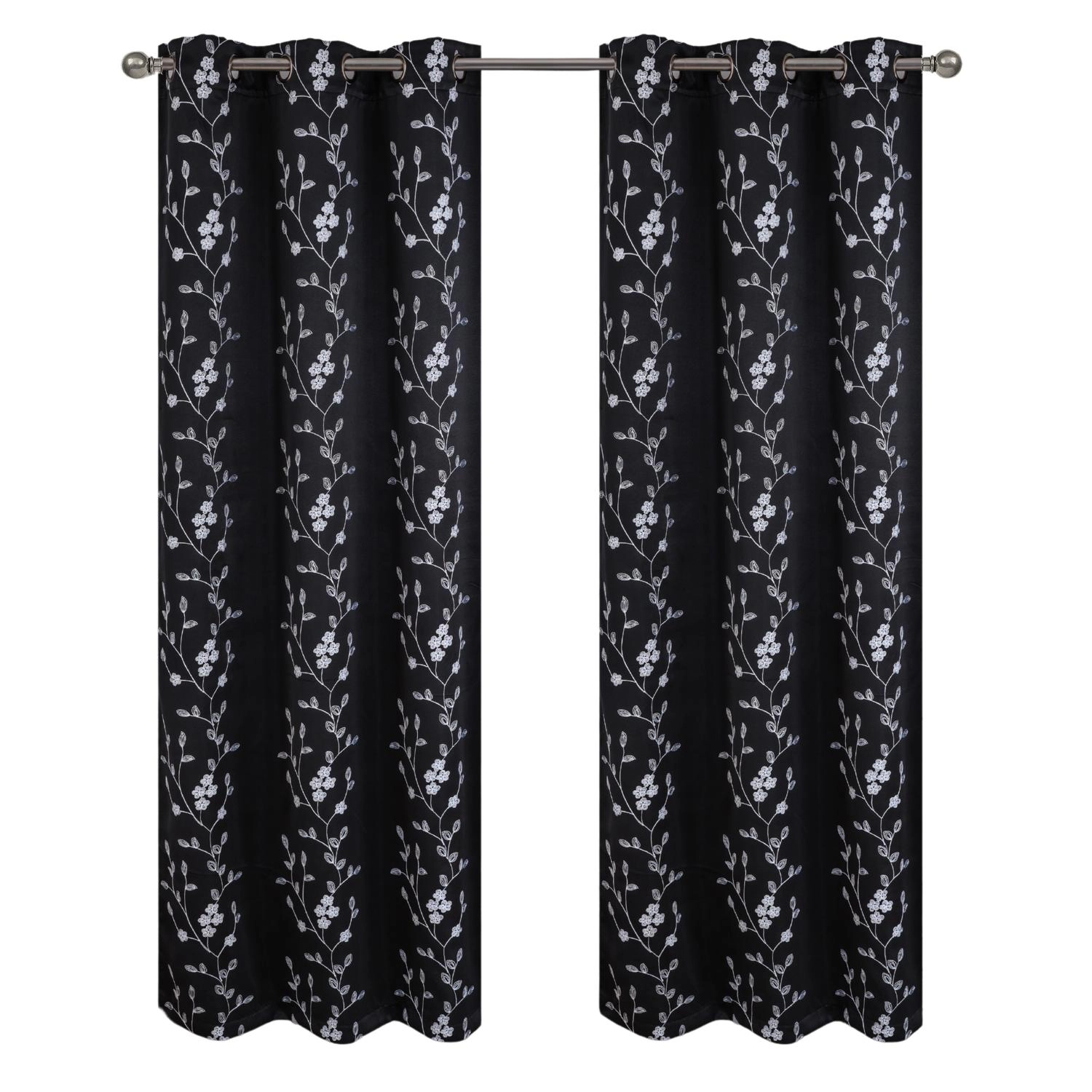 RT Designer Collection Lilian Embroidered Blackout Luxurious Decorative Grommet Curtain Panel 54" x 95" Black