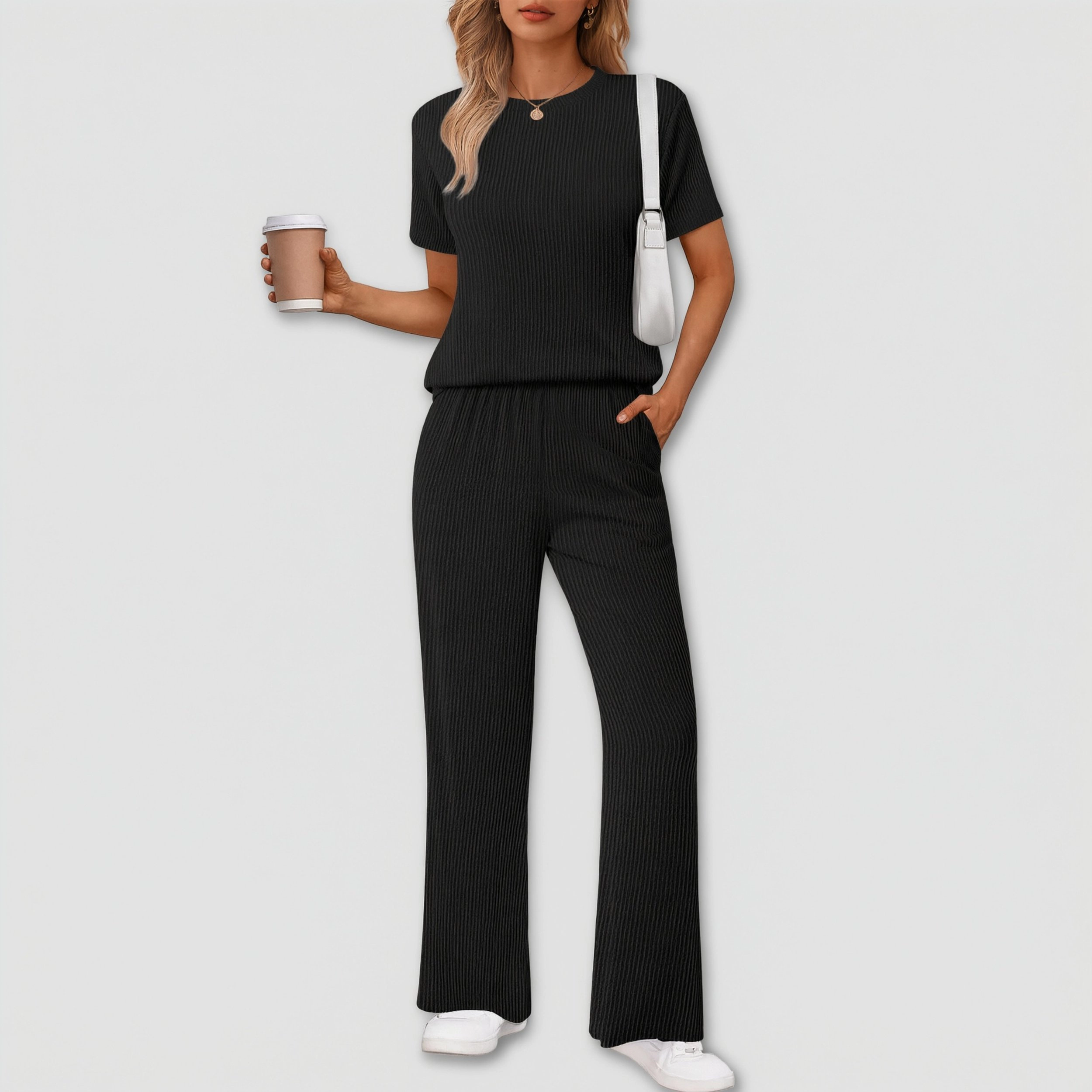 Ekouaer Women's 2-Piece Lounge Set Short Sleeve Top & Wide Leg Pants with Pockets