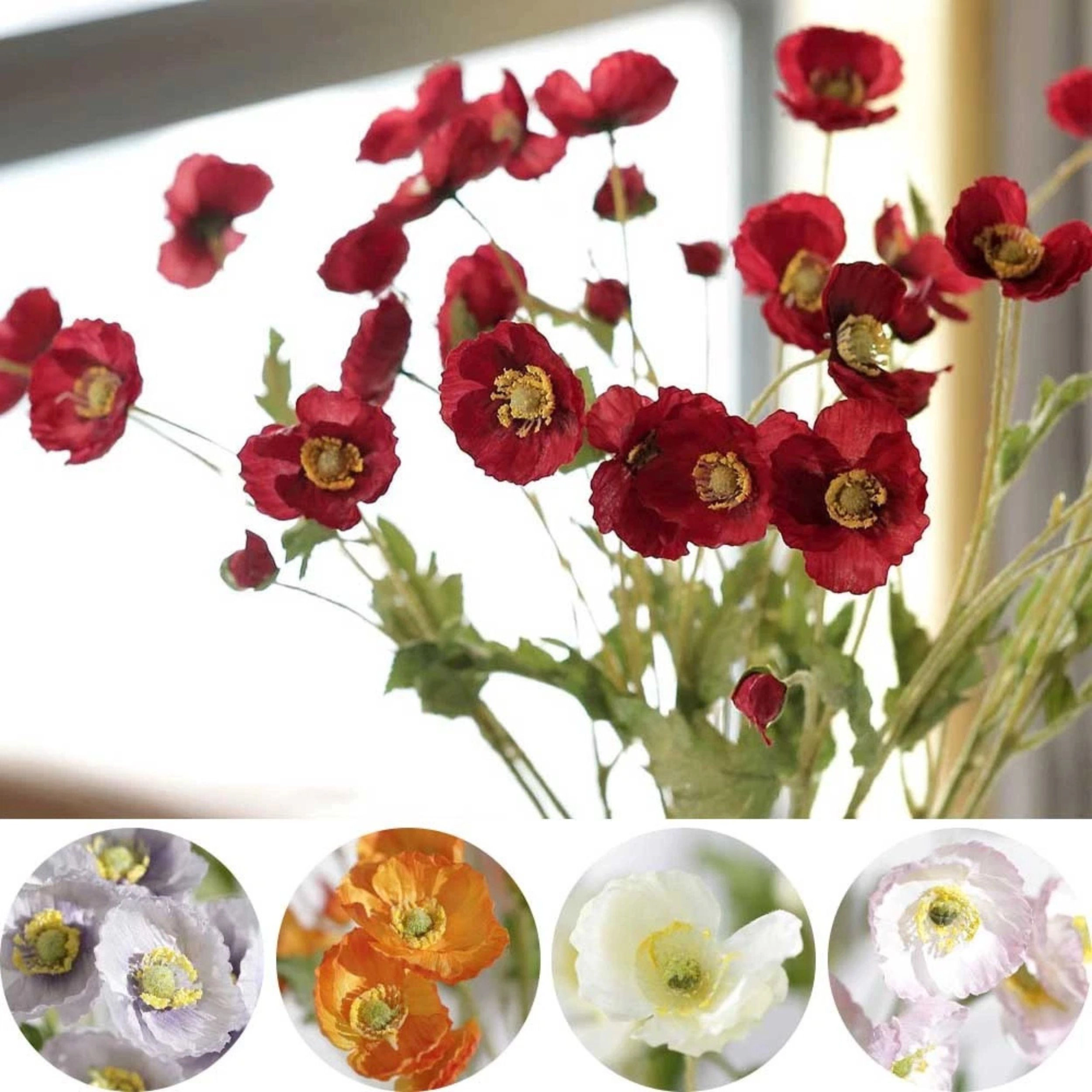 Home Collection Pack of 2, 33-Inch Silk Artificial Poppy Flower Bushes with Long Stems