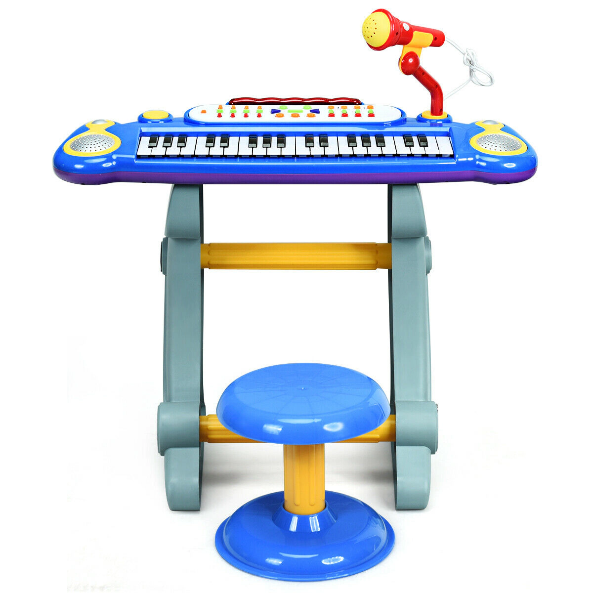 SUGIFT Kids 37-Key Electronic Keyboard Piano Microphone Stool 8 Sounds 8 Rhythms 22.5 x 11 x 18-in Ages 3+ Blue