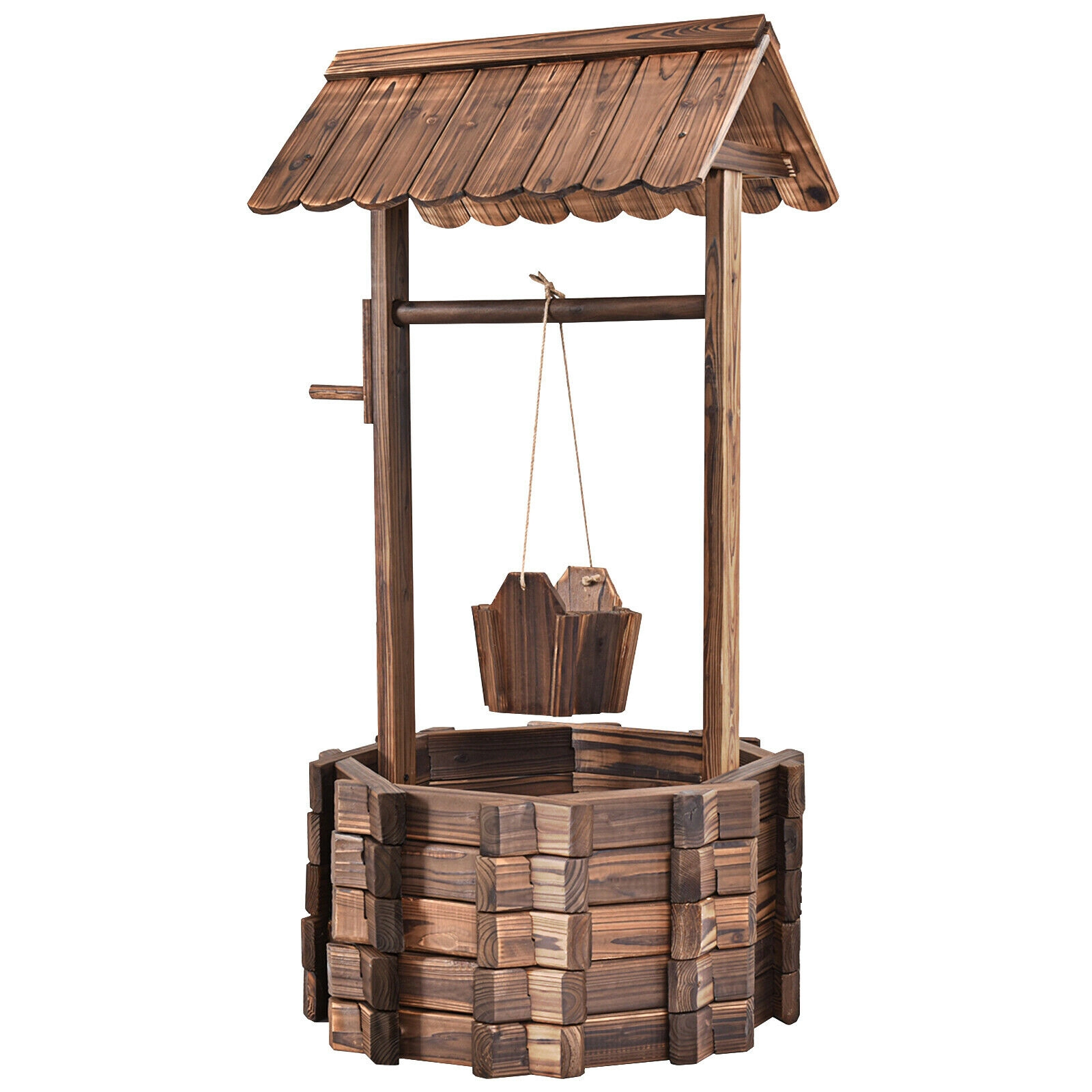 SUGIFT 47-in Tall Rustic Fir Wood Wishing Well Planter with Hanging Bucket Top Hut and 37.8-in Rope