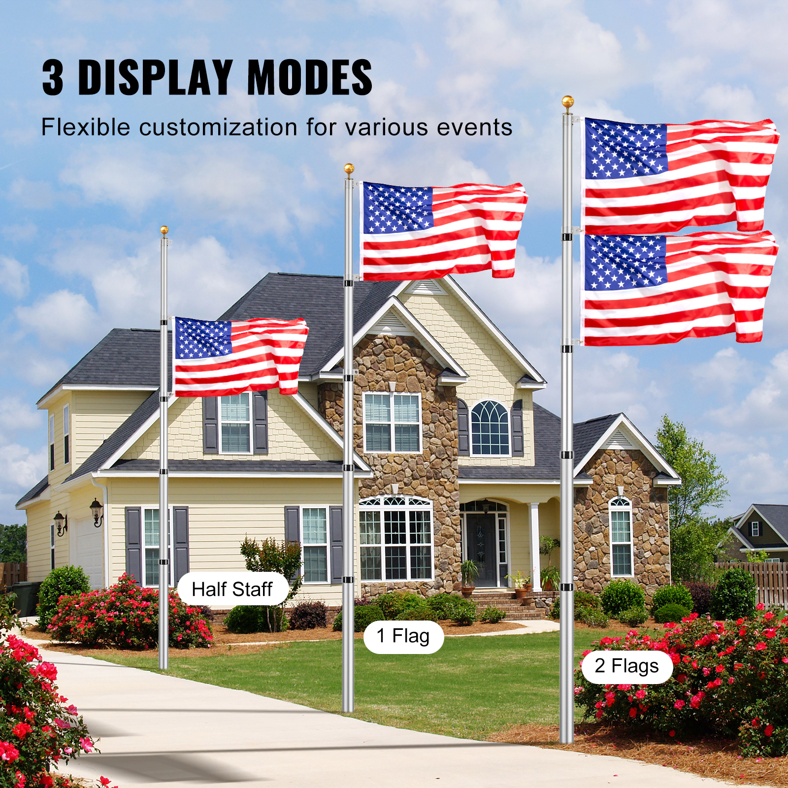 HONGGE 25 ft Telescoping Flag Pole Kit, Heavy Duty Aluminum with 3x5 American Flag, 3 Display Modes, Silver