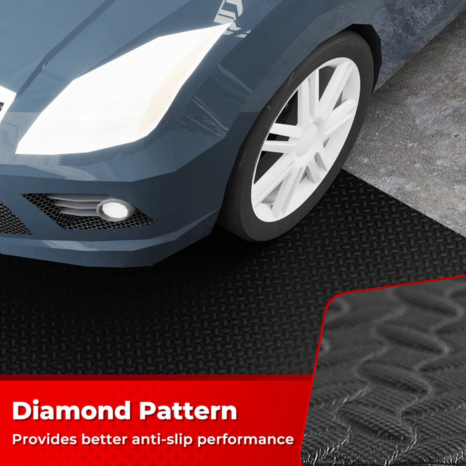 SUGIFT Black 4-Pack PE Garage Floor Mats with Non-Slip 3D Diamond Pattern 7.7-ft W 3.8-ft D 7-mm Thickness
