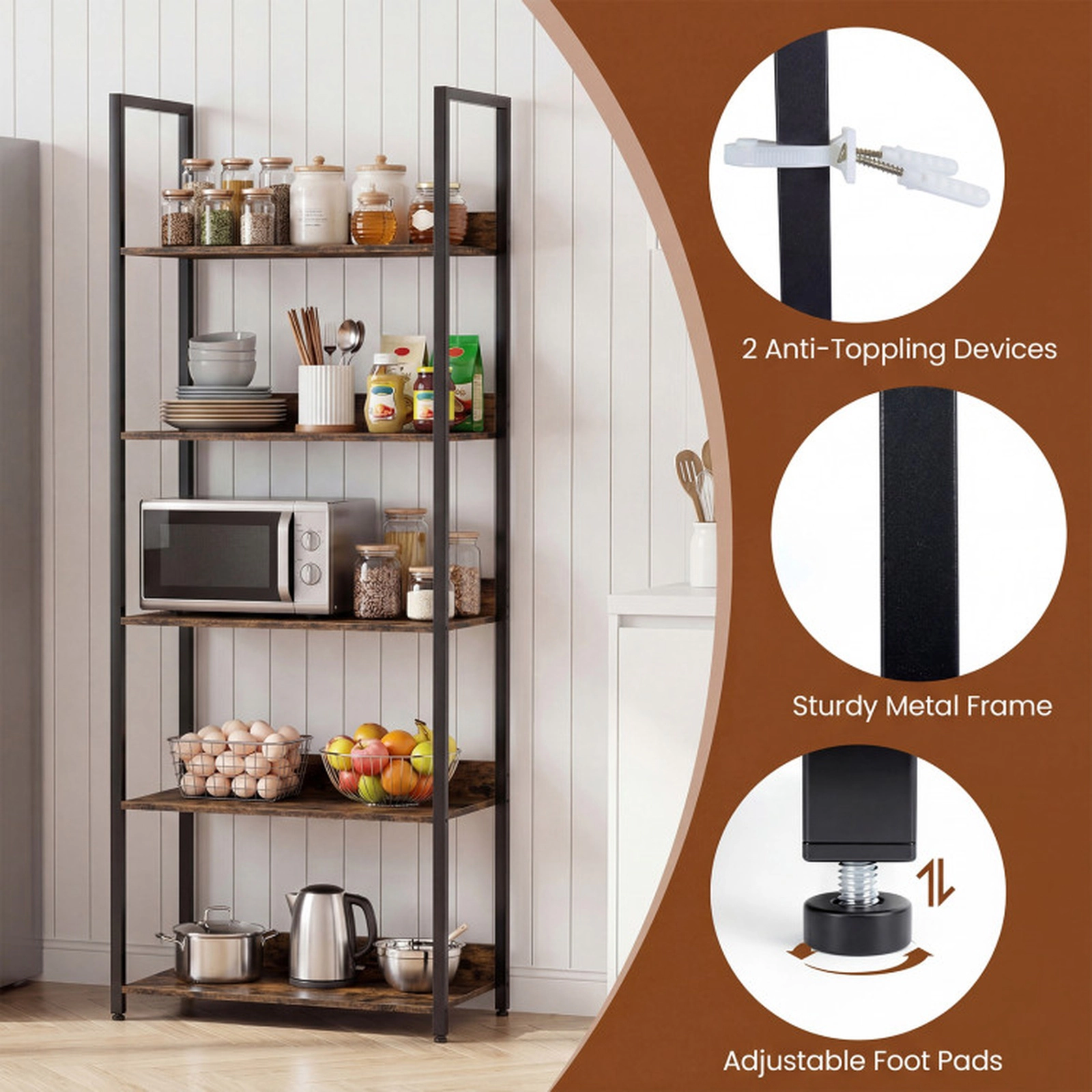 SUGIFT Rustic Brown 5-Tier Tall Bookshelf 61 in with Raised Back Panels