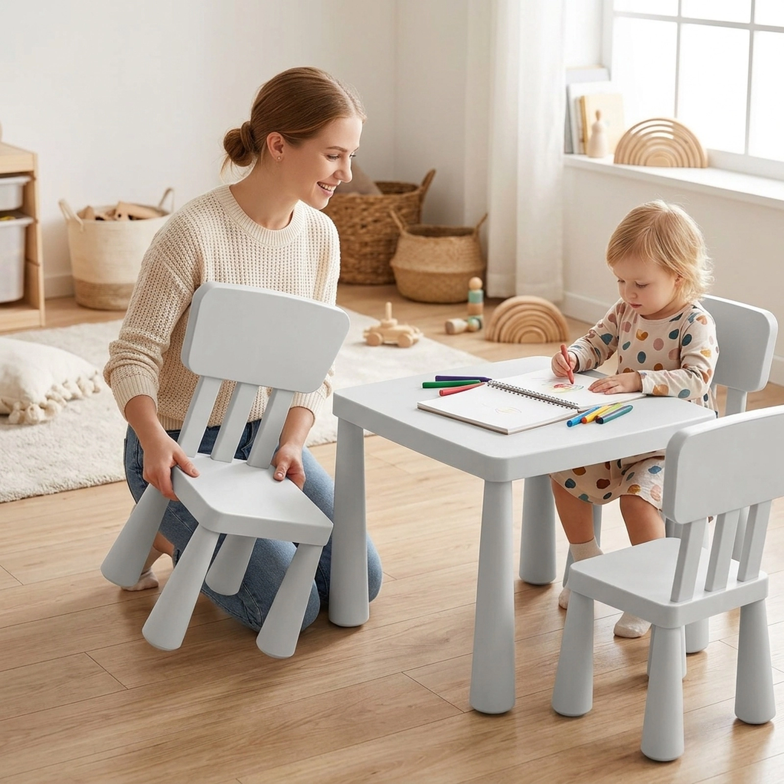 SUGIFT Kids Table and Chair Set, 3-Piece White PP Toddler Dining and Study Set, 19-Inch Table with 2 Chairs