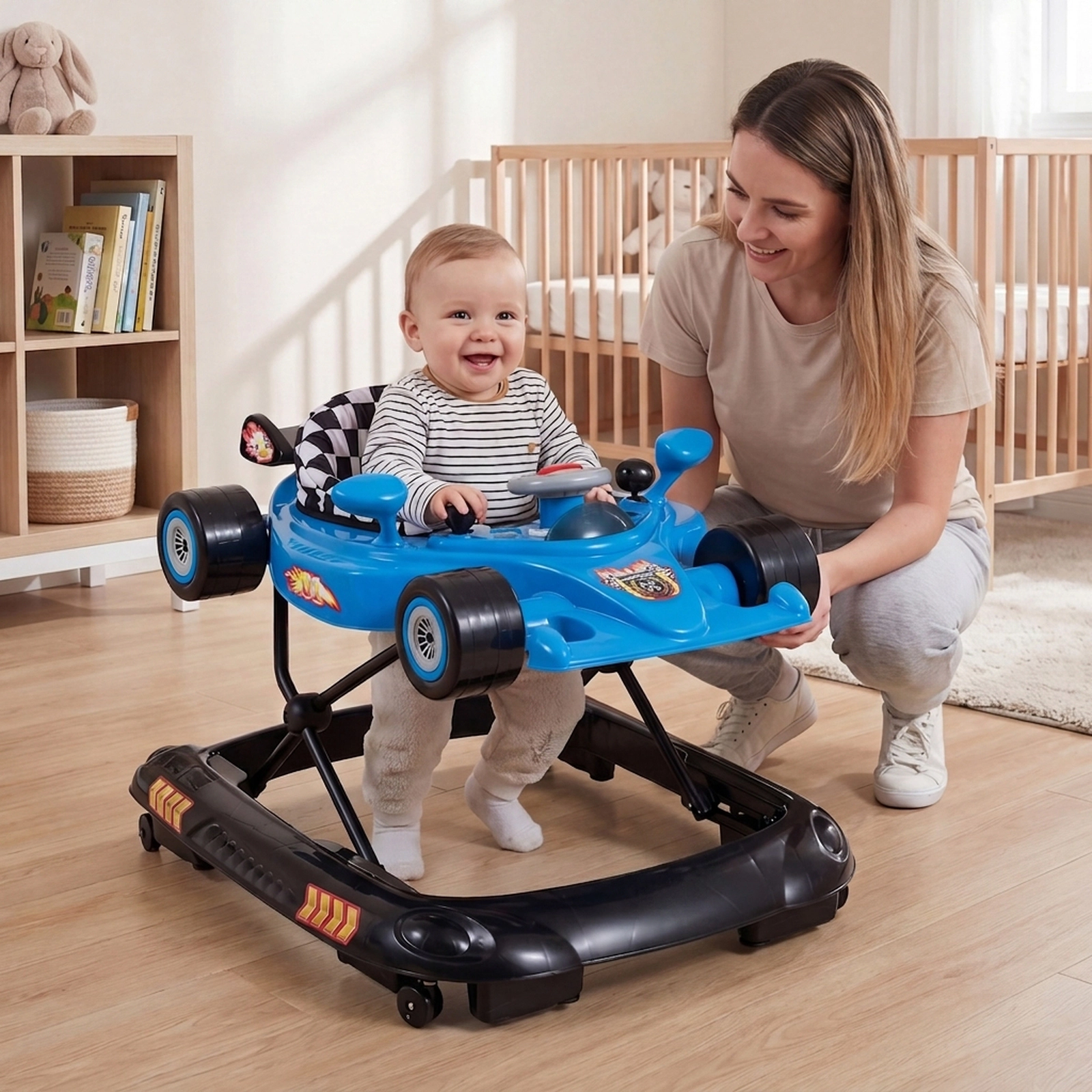 SUGIFT Convertible Baby Walker with 3 Adjustable Height Settings 26.5-lb Capacity Ages 7-14 Months Racing Car Style Blue