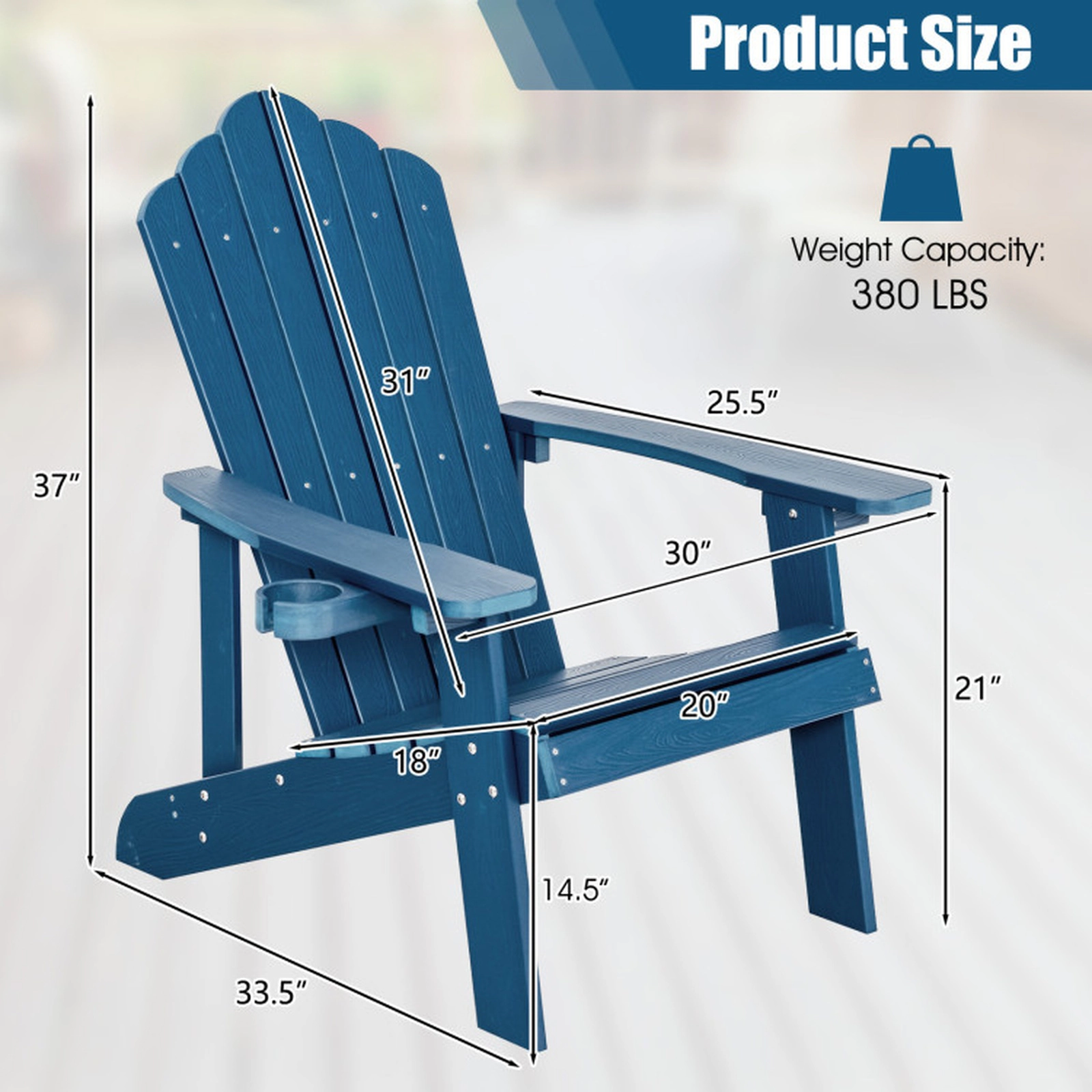 SUGIFT 2-Piece HIPS HDPE Adirondack Chair Set with Cup Holder 380-lb Adult Capacity Ages 3-8 33.5-in Adult Chair Navy