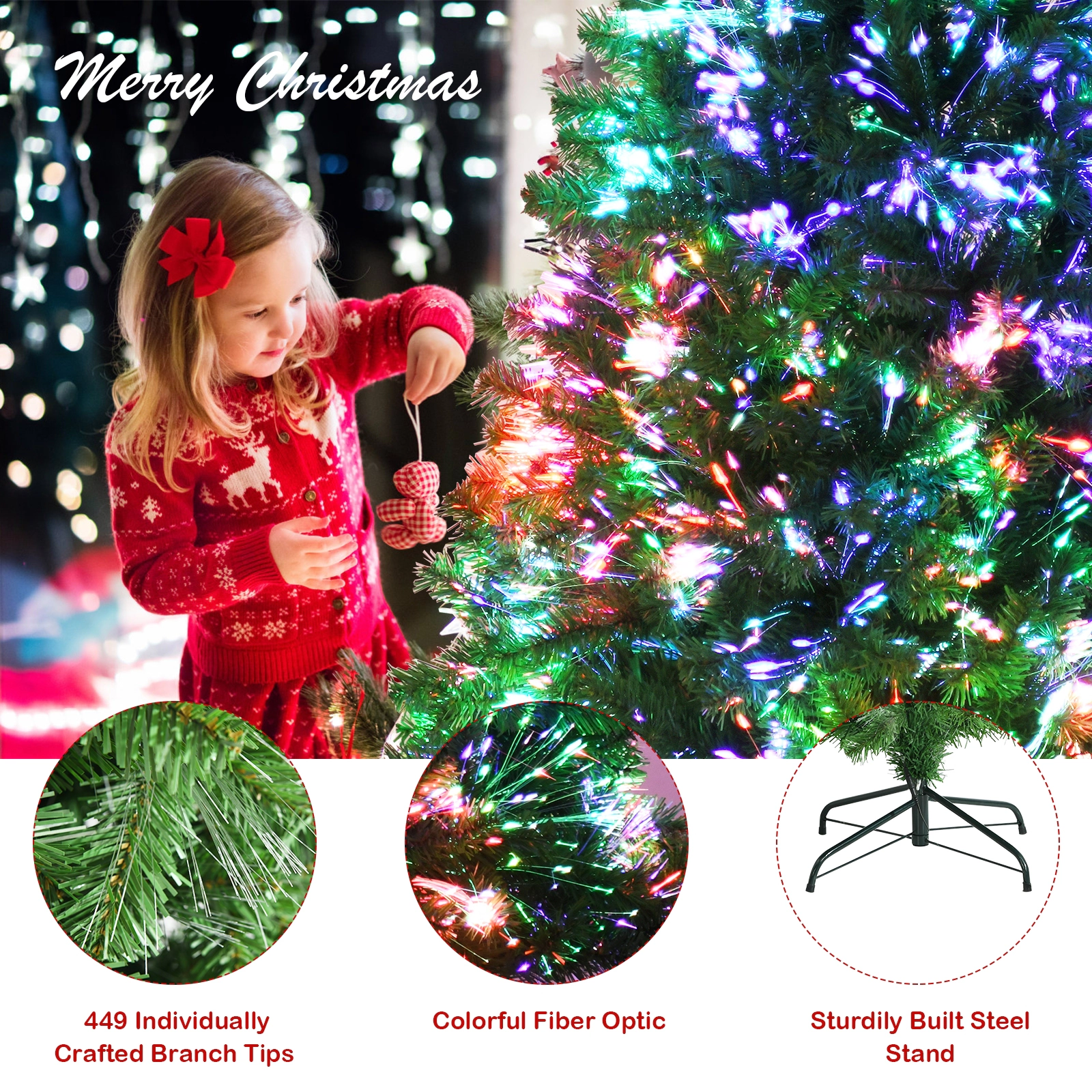 SUGIFT 5-ft Pre-Lit Fiber Optic Spruce Artificial Christmas Tree with 449 Branch Tips 2.5-ft W Green