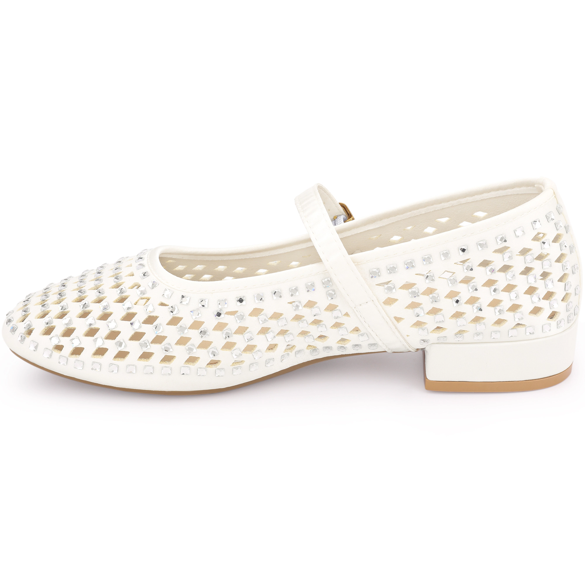 BLISSFUL STEP Women Satin Rhinestone Round Toe Low Block Heels Slip On Pumps