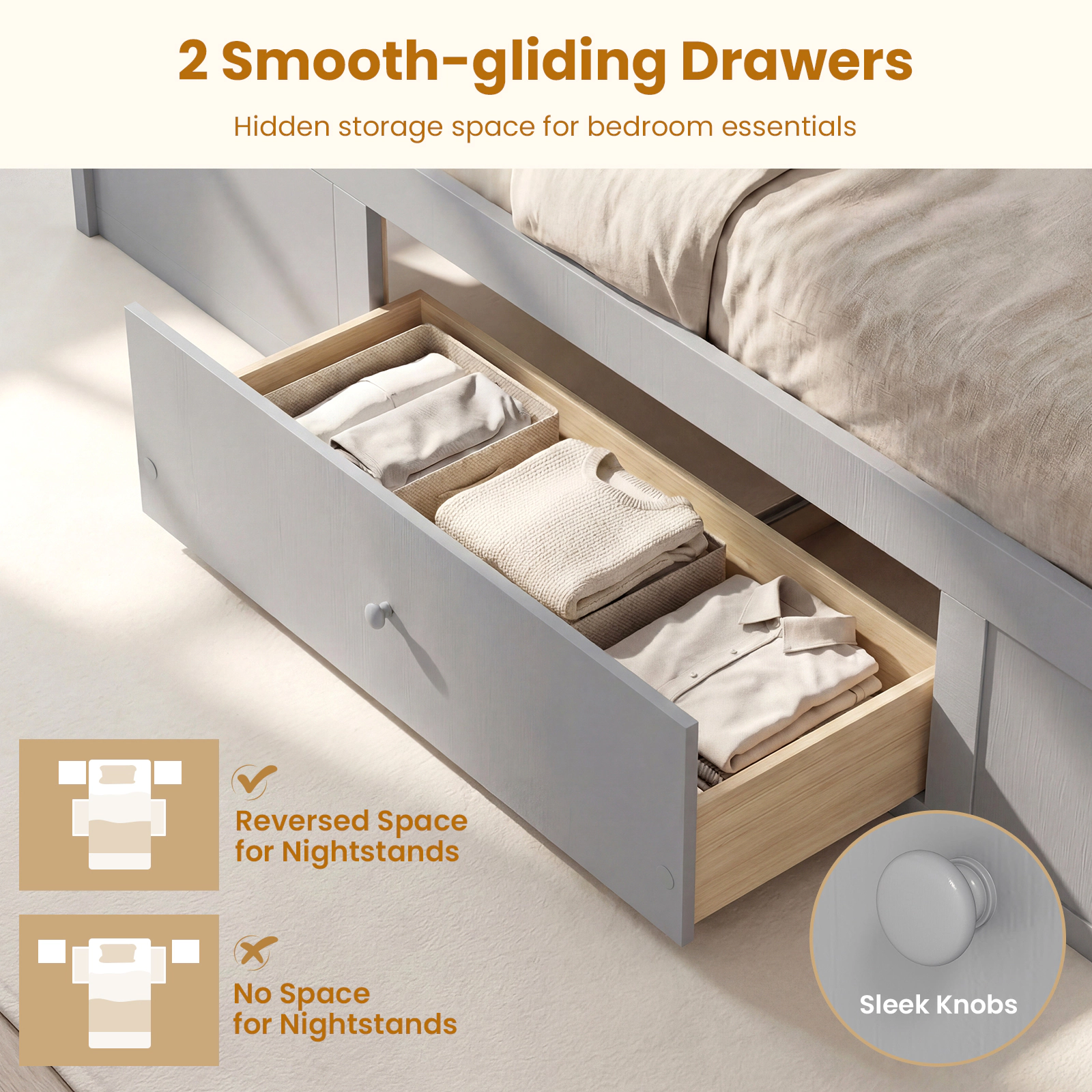 SUGIFT Gray 2 Storage Drawers and Wooden Slat Support Twin Size Rattan Bed Frame