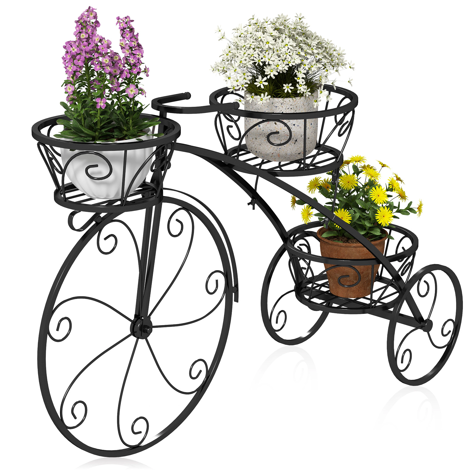 LJG Tricycle Plant Stand Flower Pot Cart Holder with 3 Hollowed Baskets