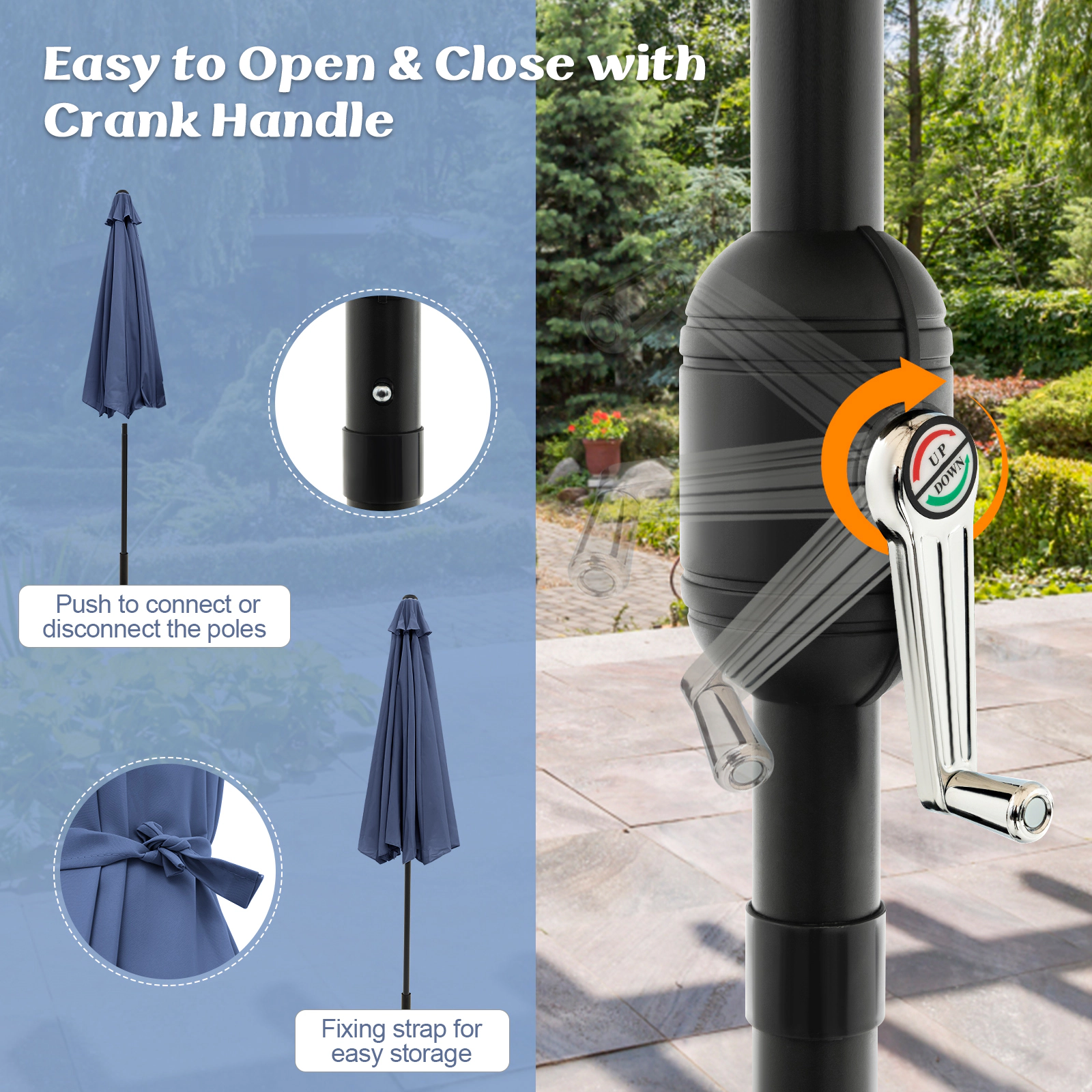 SUGIFT 10-ft Navy Patio Umbrella with Push Button Tilt Hand Crank and Steel Pole for Deck Pool and Cafe