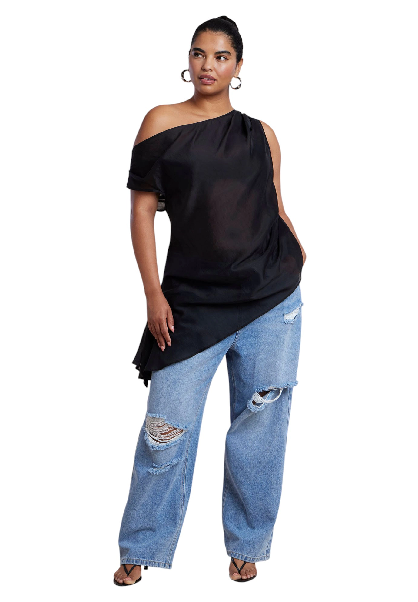 ELOQUII Women's Plus Foldover Waistband Distressed Straight-Leg Jean