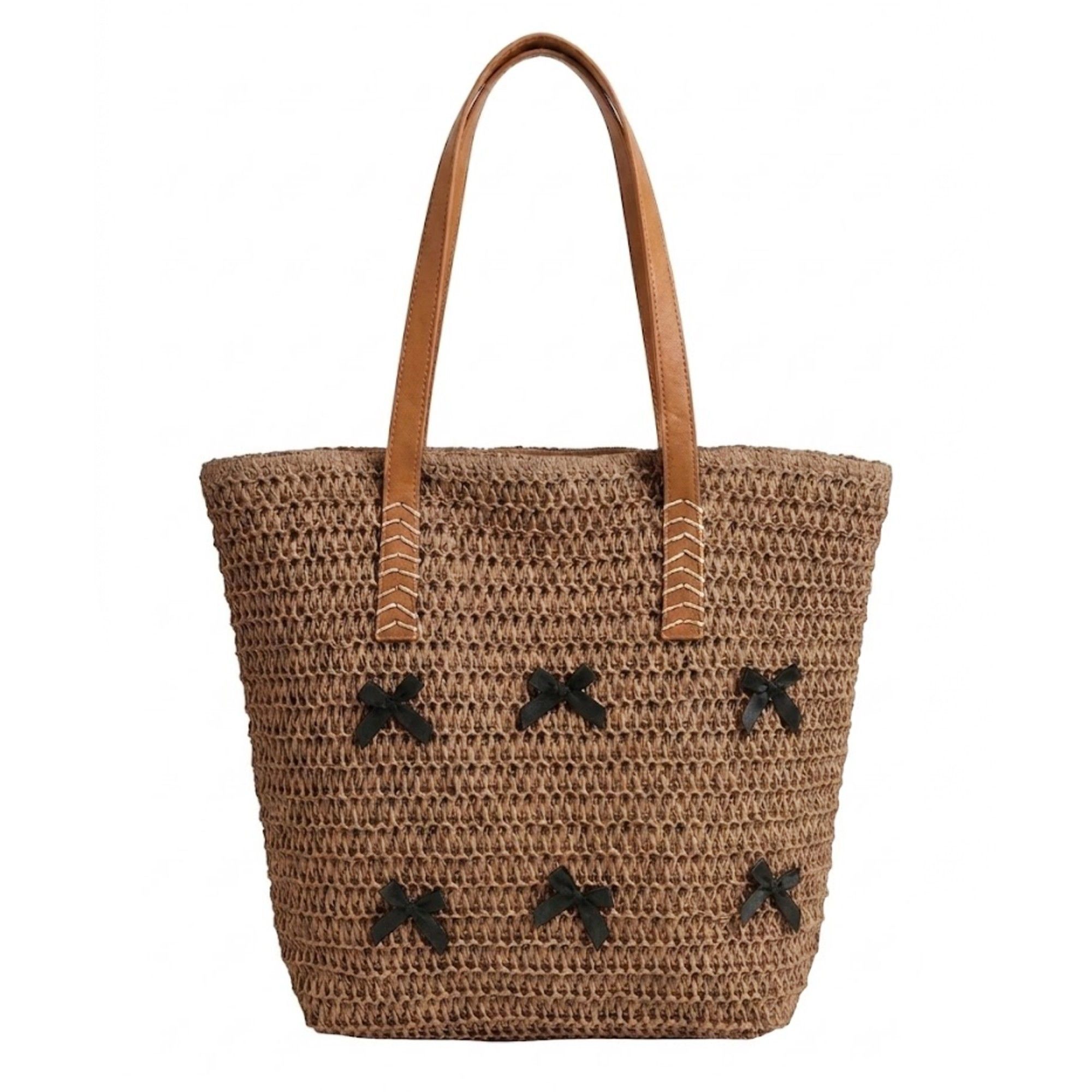 Alilang Women's Woven Crochet Tote Bag with Bow Detail Leather Strap Shoulder Handbag Lightweight Knit Large