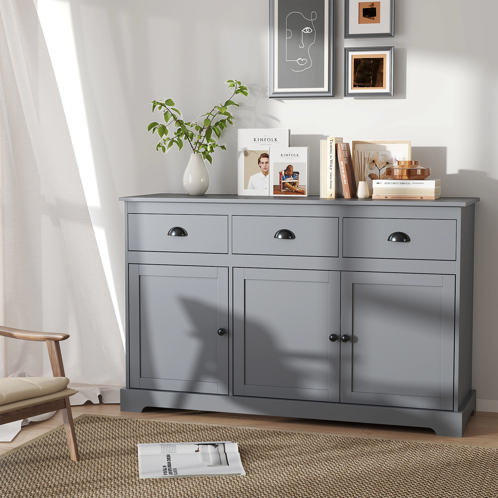LJG 3 Drawers Sideboard Buffet Storage with Adjustable Shelves