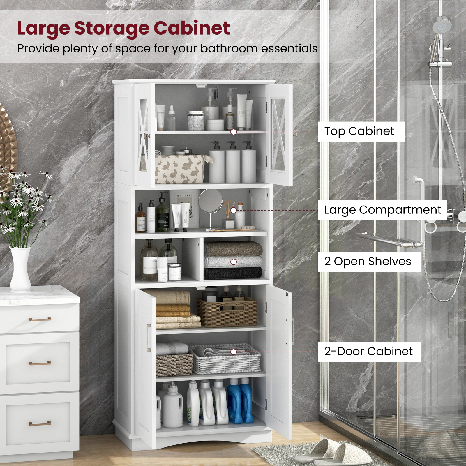 SUGIFT White 57-in Tall 100-lb Capacity Bathroom Floor Storage Cabinet with Acrylic Doors and 3 Open Cubes
