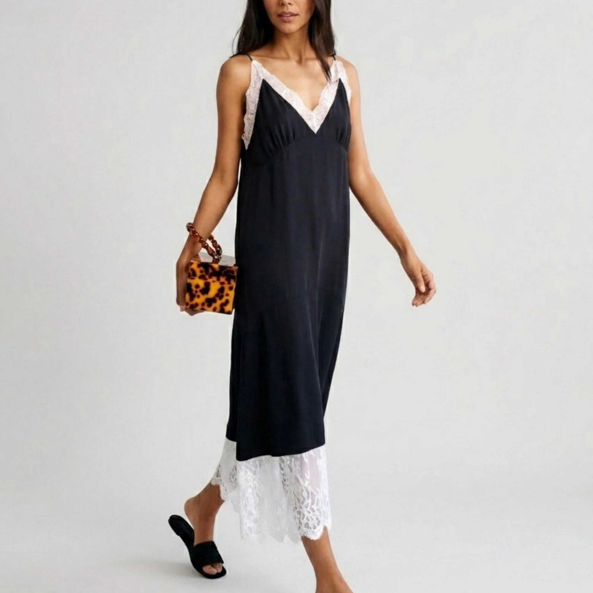 Anna-Kaci Women's Sleeveless Slip Dress with Lace Trim V Neck and Midi Length