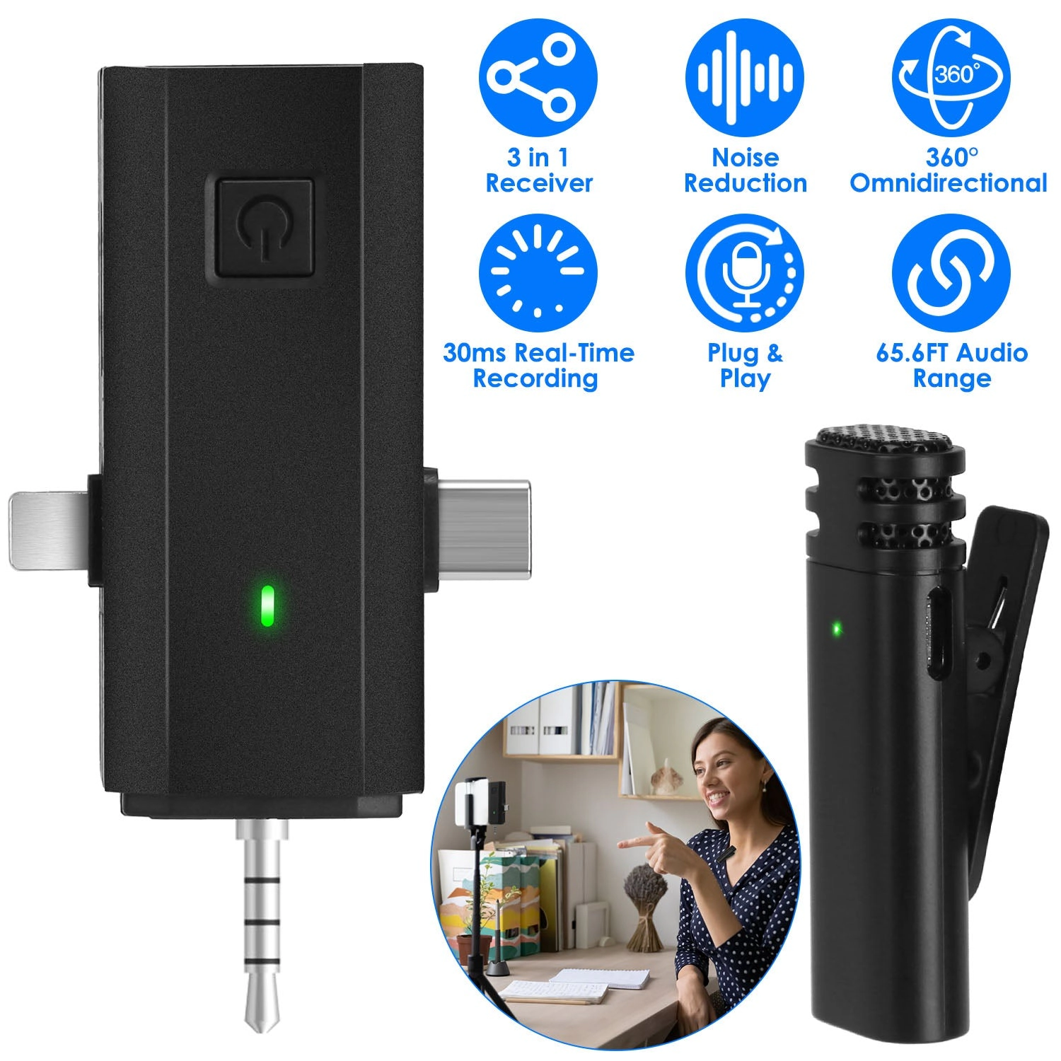 GBruno 3-in-1 Wireless Clip-On Microphone