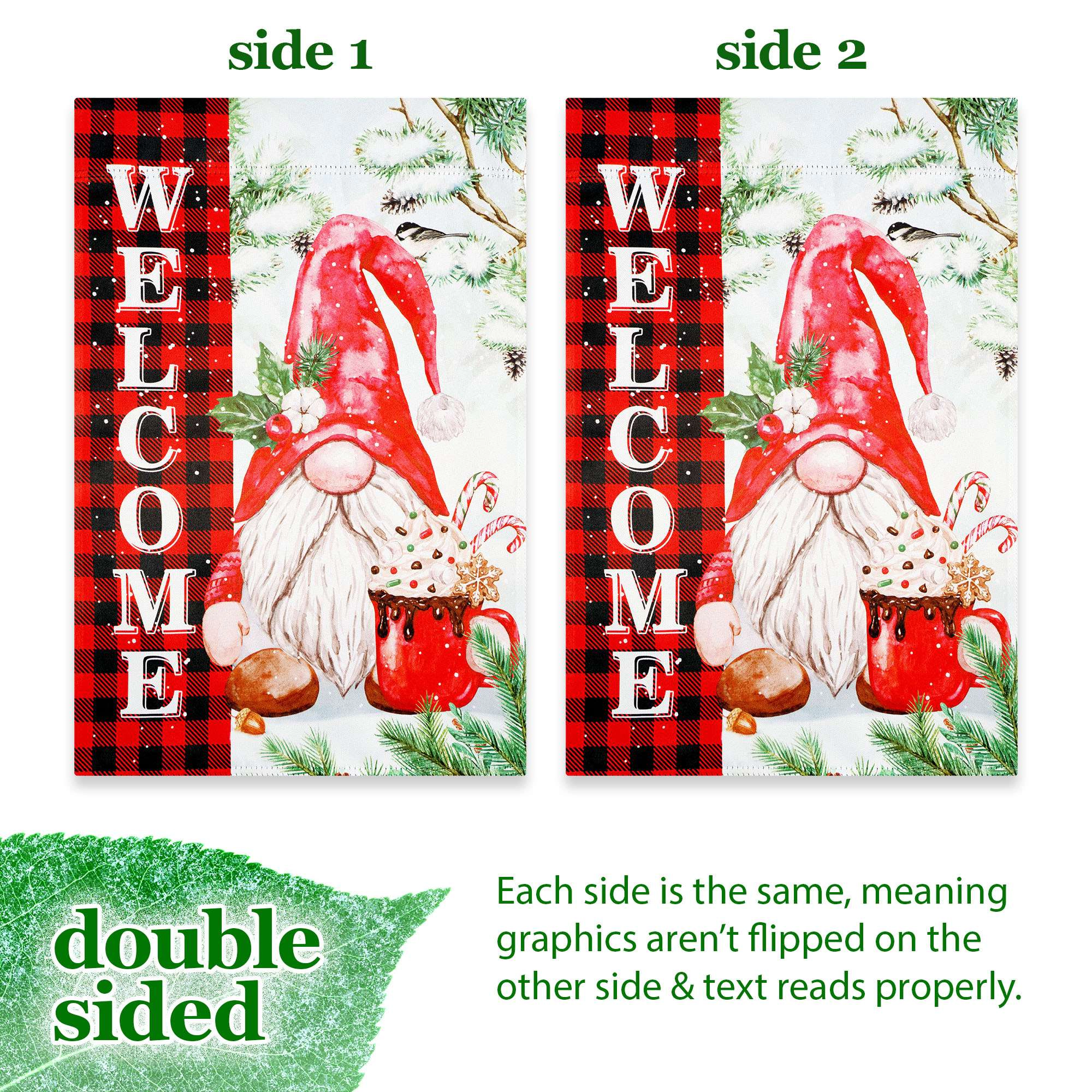 G128 Double-Sided Christmas Gnome Buffalo Plaid Garden Flag 12x18