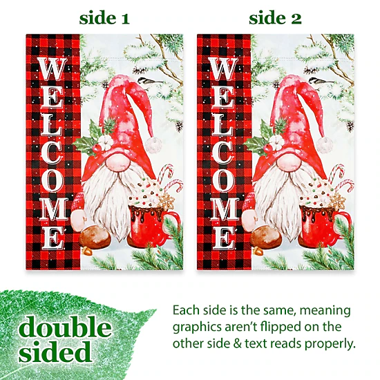 G128 Double-Sided Christmas Gnome Buffalo Plaid Garden Flag 12x18