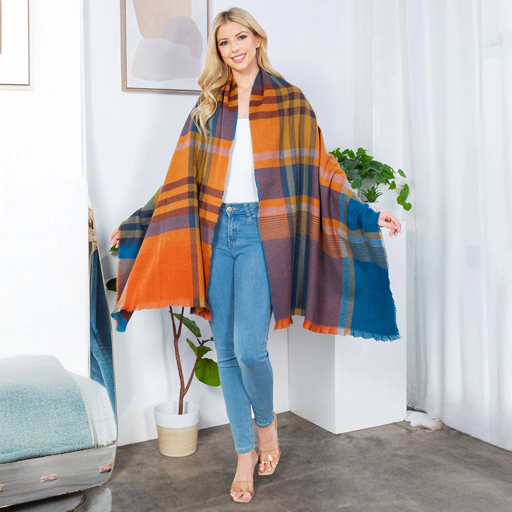 TRUEDAMES Plaid Shawl Poncho Scarf Orange