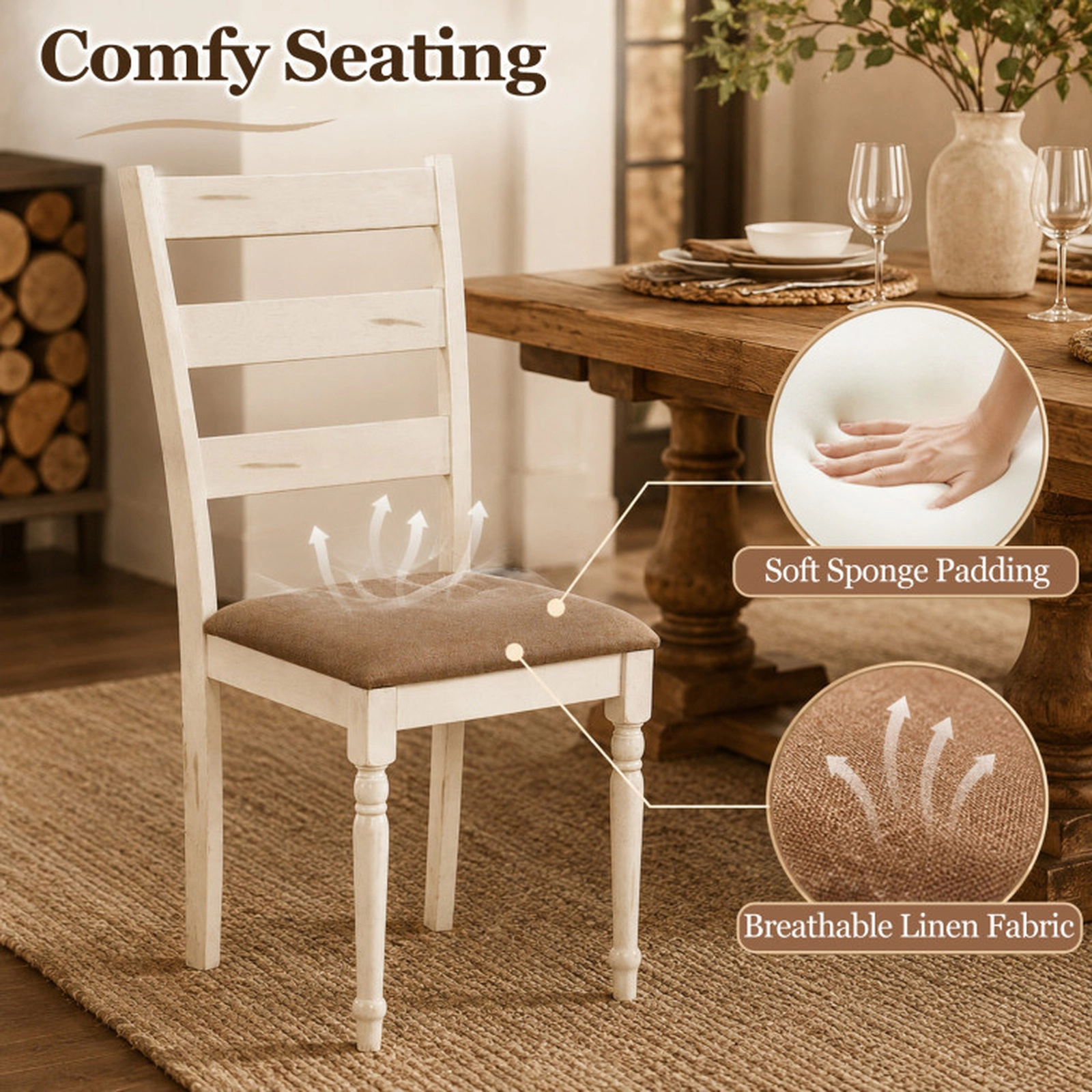SUGIFT Rubber Wood Dining Chairs Set of 2 with Padded Linen Seat and Slatted Backrest 330-lb Capacity White Brown