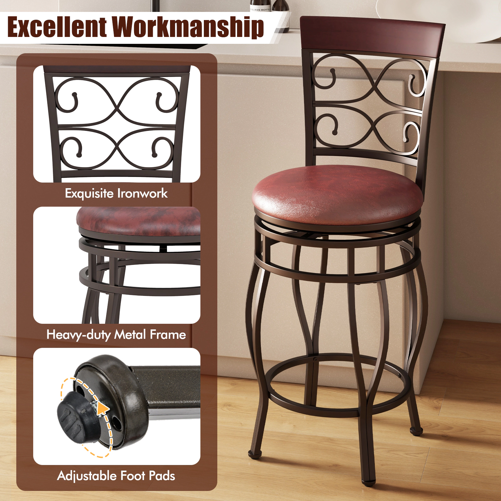 Glintex 2-Piece 26-Inch Counter Stool Set with Backrest and Footrest, Cherry+Brown