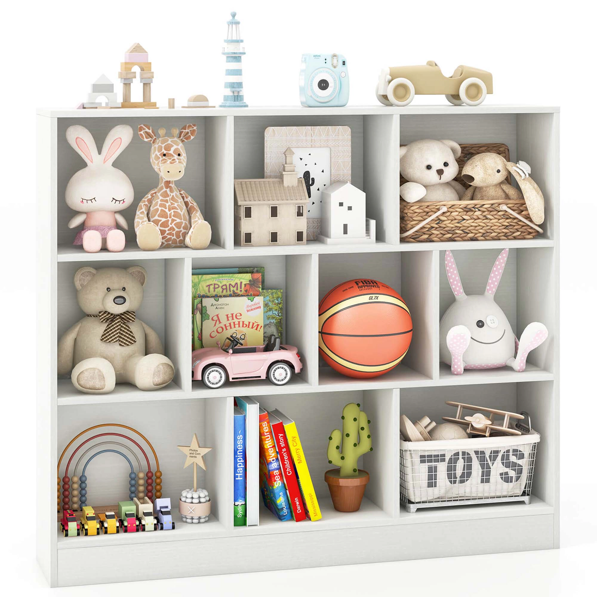 Costway 10-Cube Bookcase for Kids 41"Wooden Toy Storage Organizer for Kid’s Room Natural