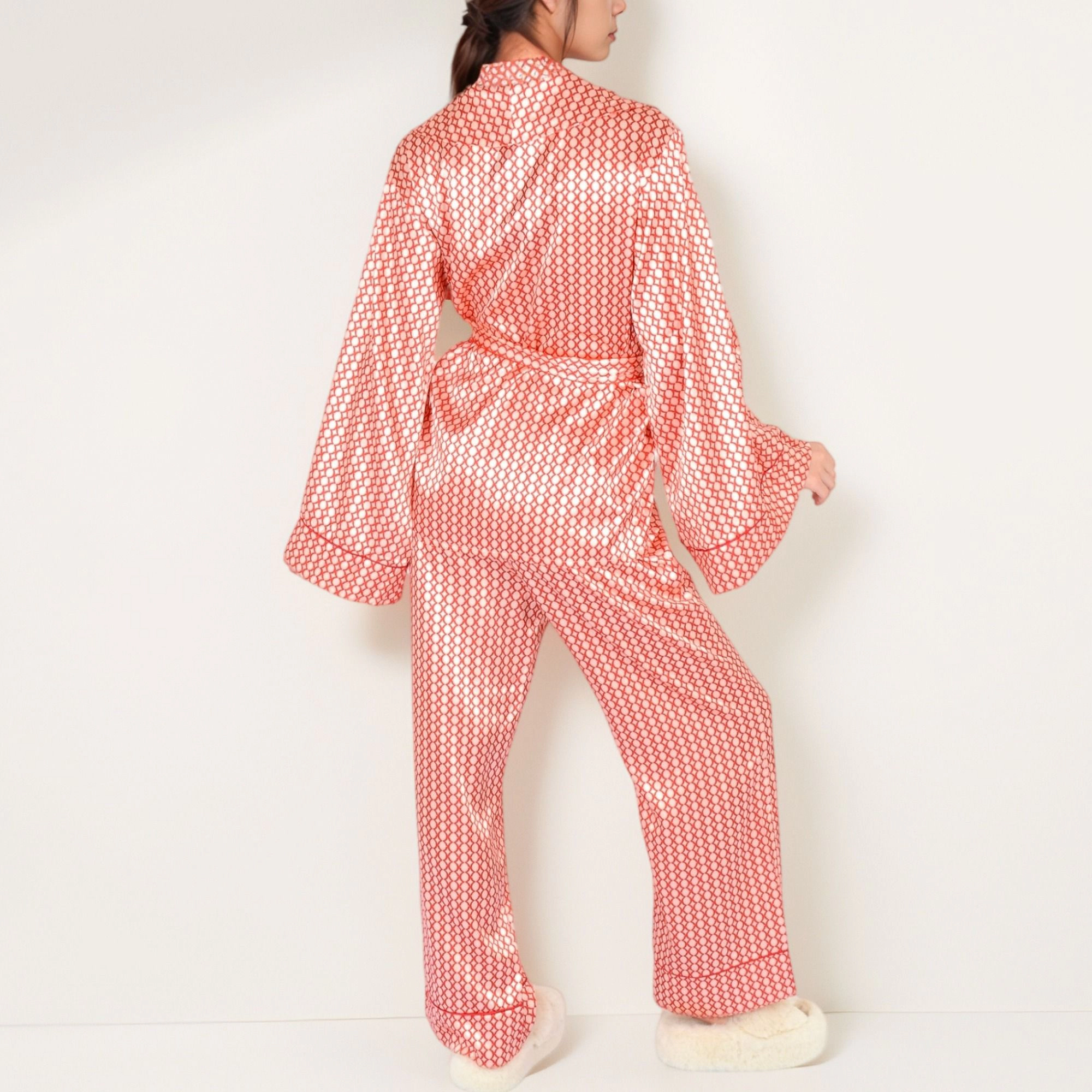 Anna-Kaci Women's Printed Satin Pajama Set Long Sleeve Wrap Top Self-Tie Waist and Full-Length Relaxed Fit Lounge Pants