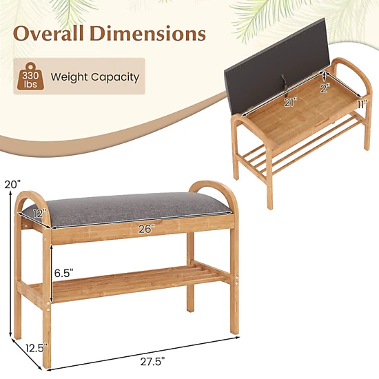 Hivvago 2-Tier Bamboo Shoe Bench With Storage And Padded Cushion
