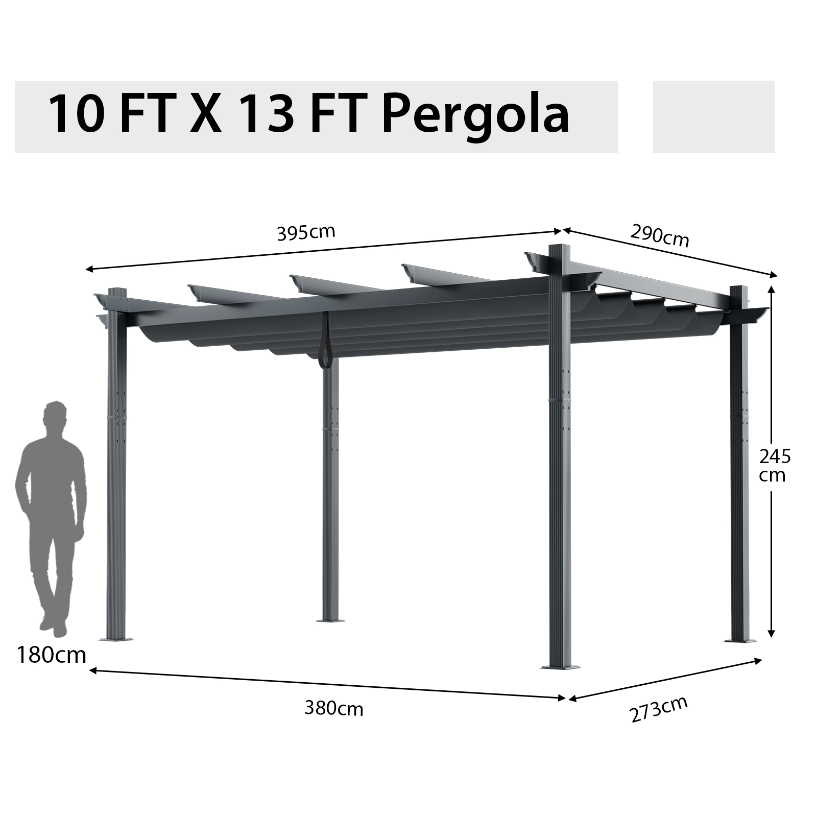 SUGIFT 10 x 13 ft Gray Aluminum Retractable Pergola with Waterproof Canopy