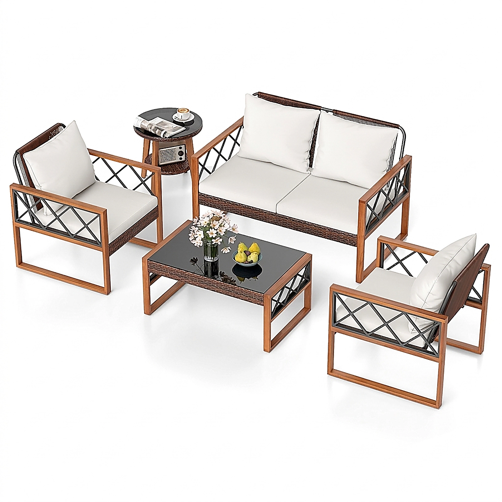 SUGIFT 5 Piece PE Wicker Patio Furniture Set with Acacia Wood Frame Loveseat and 2 Tables