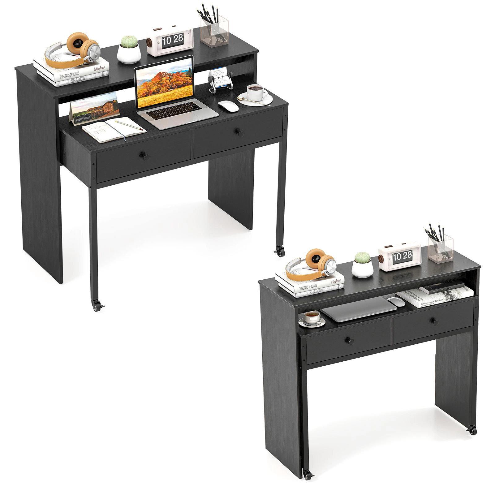 SlickBlue Extendable Computer Desk with 2 Drawers and Monitor Shelf