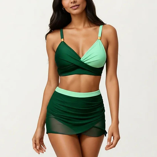 Anna-Kaci Women Crisscross Bralette Two-Piece Swim Set with Ruched Skirted Bottom