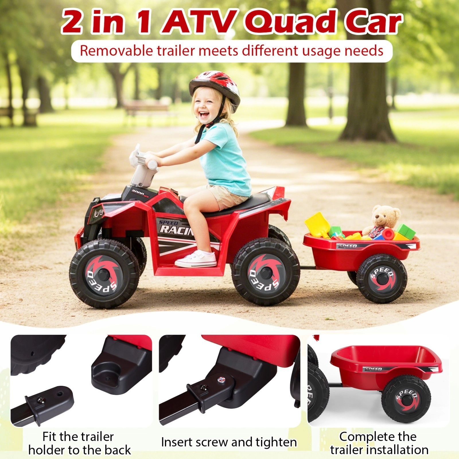 6V Kids ATV Quad Ride On Car with Detachable Trailer Forward/Reverse Switch and Multi-Terrain Wheels Ages 3+ Red