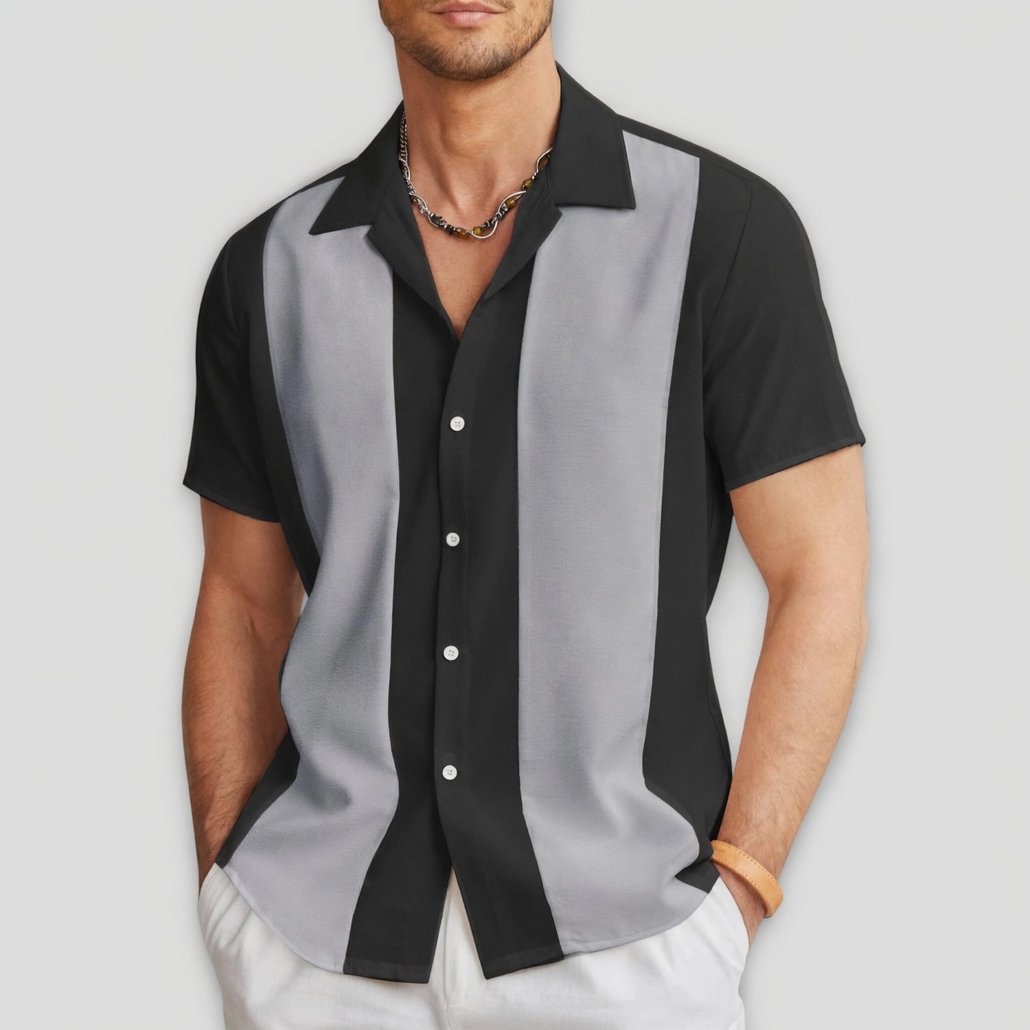 COOFANDY Mens Color Block Striped Short Sleeve Button Down Camp Collar Casual Shirt