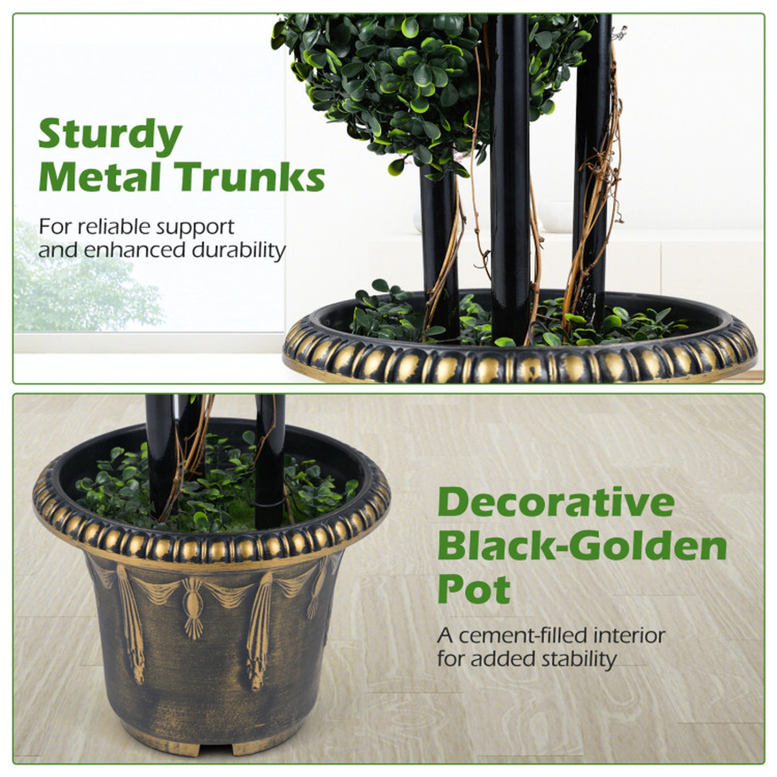SUGIFT Layered Triple-Ball Boxwood Artificial Topiary Tree 35-in Tall Green Black Golden