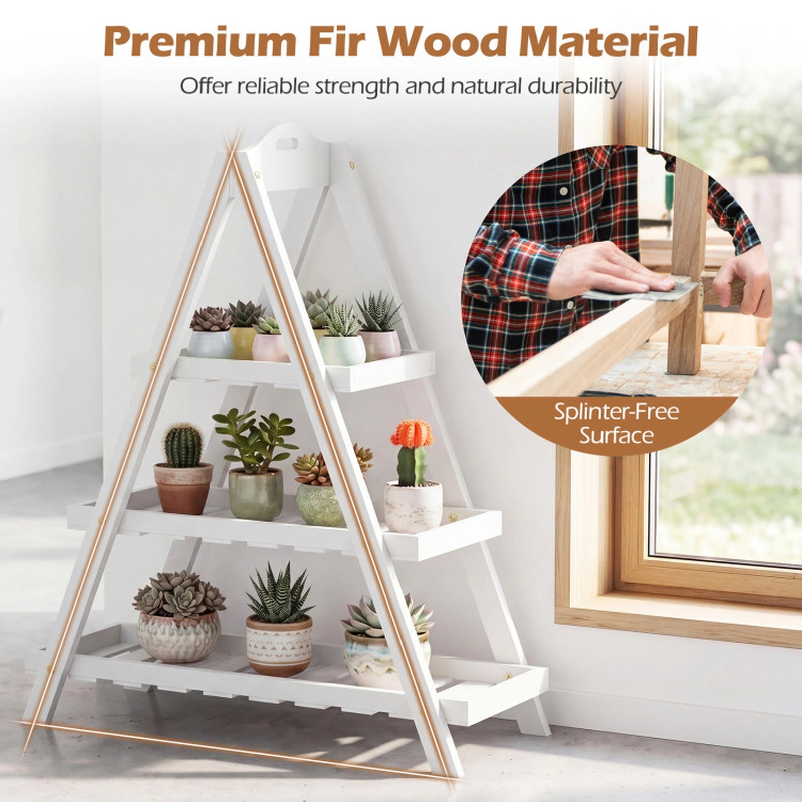 SUGIFT 3-Tier Plant Stand Flower Pot Display Shelf 33-lb Total Capacity 11-lb Per Shelf White/Natural