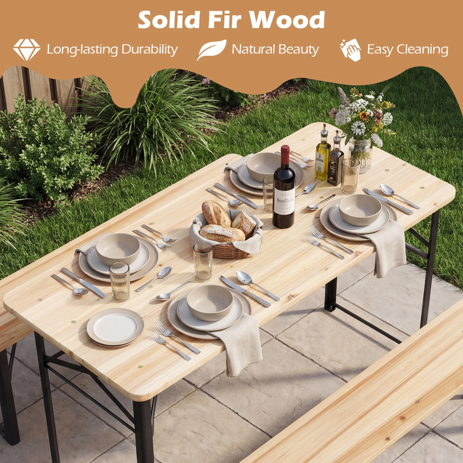 SUGIFT 3-Piece Folding Fir Wood Picnic Table and Benches 110-lb Table 330-lb Benches Natural and Black