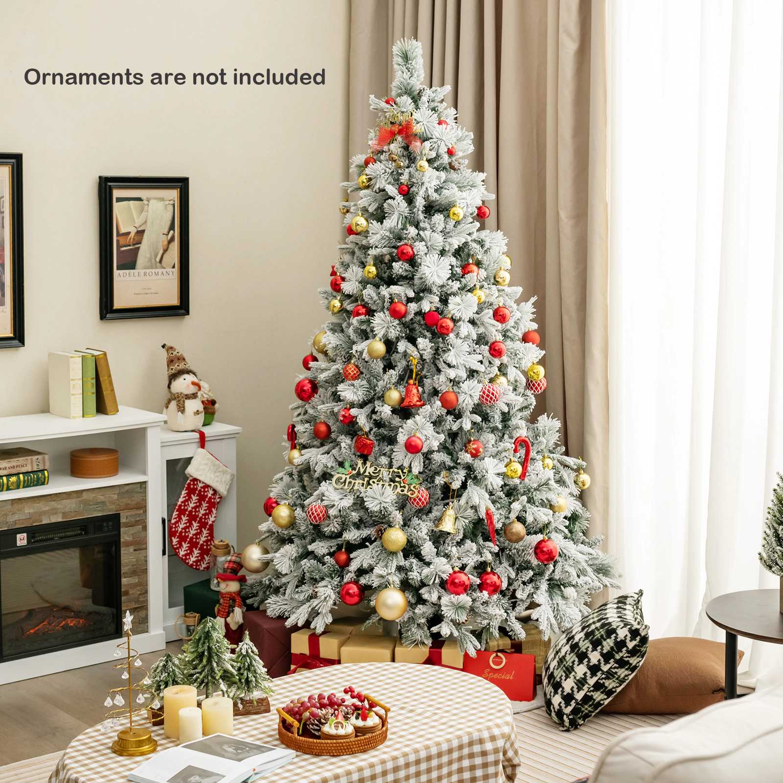 SUGIFT 7-ft Snow Flocked Pre-Lit Artificial Christmas Tree with 40 Pine Cones 1270 Tips and 320 LED Lights