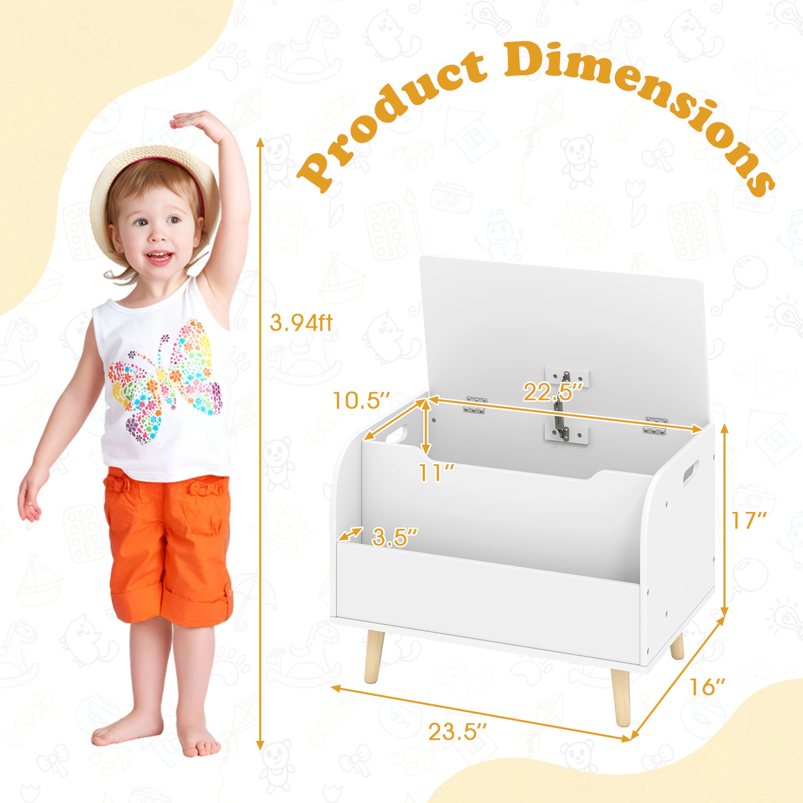 SUGIFT 23.5-in Kids Wooden Toy Box and Storage Chest with Front Bookshelf 4 Pine Wood Legs and Safety Hinge