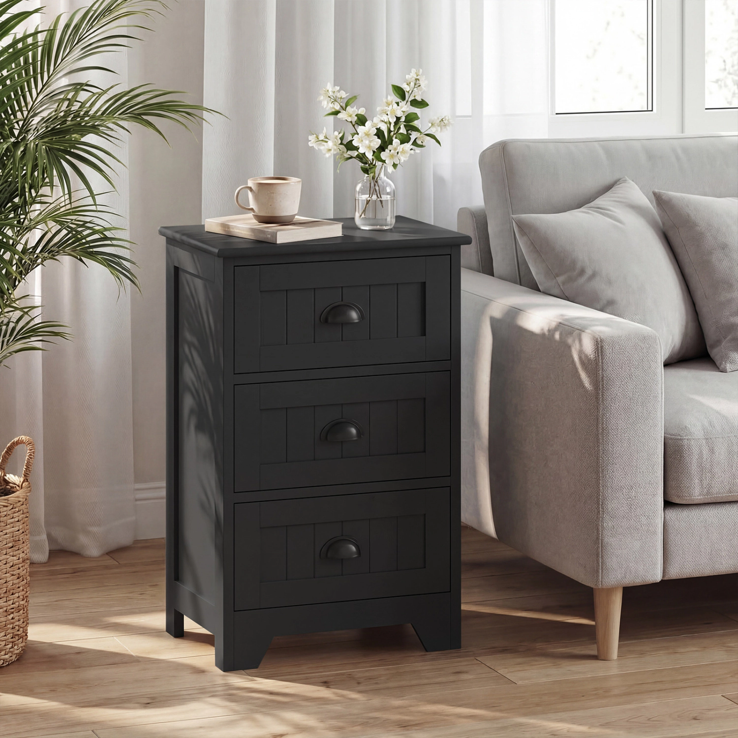Hivvago Contemporary Wood Nightstand with 3 Smooth-Glide Drawers