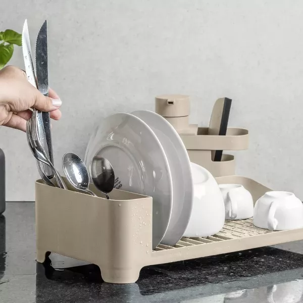 OU Kitchen Sink Organizer 3pc Set- Dish Drying Rack, Cutlery Drainer & Soap Dispenser Caddy w/ Sponge Holder